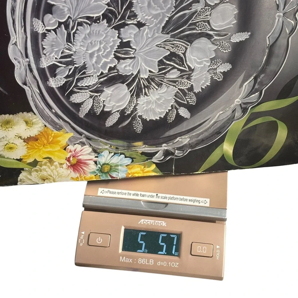 Crystal‎ Clear Bouquet Glass Round Serving Plate Vintage 14in Floral